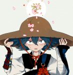  1boy armor bandages blue_hair flower hat japanese_armor japanese_clothes kote l_hakase looking_at_viewer lowres male_focus open_mouth petals sayo_samonji solo touken_ranbu upper_body 