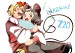  2girls animal_ears black_hair blonde_hair blush character_name closed_eyes commentary_request dated fang from_side grey_hair hug kapiten70 looking_at_viewer mouse_ears mouse_tail multicolored_hair multiple_girls nazrin open_mouth red_eyes tail toramaru_shou touhou two-tone_hair white_background 
