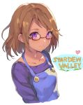  1girl blush brown_hair copyright_name dark_skin glasses looking_at_viewer maru_(stardew_valley) momoko_(momopoco) overalls semi-rimless_glasses short_hair smile solo stardew_valley violet_eyes 