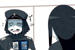  admiral_suwabe black_hair book epaulettes facial_hair flying_sweatdrops goatee hairlocs hat holding holding_book kantai_collection long_hair looking_away manga_(object) military military_hat military_uniform mustache open_mouth peaked_cap ru-class_battleship shaded_face shinkaisei-kan sweatdrop translation_request turning_head uniform 