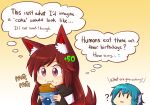  2girls :3 ? animal_ears blue_hair brown_hair dress eating english gameplay_mechanics head_fins imaizumi_kagerou long_hair mg_mg multiple_girls red_eyes simple_background tail team_fortress_2 thought_bubble touhou upper_body very_long_hair wakasagihime wolf_ears wolf_tail wool_(miwol) |_| 
