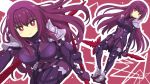  1girl armor ass bodysuit breasts covered_navel fate/grand_order fate_(series) gae_bolg holding holding_weapon long_hair looking_at_viewer polearm purple_hair red_eyes scathach_(fate/grand_order) shiraha_mato shoulder_armor solo spear weapon 