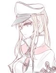  1girl blonde_hair graf_zeppelin_(kantai_collection) hat highres kantai_collection kvlen long_hair military military_uniform monochrome peaked_cap simple_background solo twintails uniform white_background 