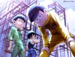  3boys alternate_costume black_hair brothers construction_site covered_mouth from_below jumpsuit looking_at_viewer looking_down male_focus matsuno_choromatsu matsuno_juushimatsu matsuno_karamatsu multiple_boys osomatsu-kun osomatsu-san siblings takosu-chan tank_top twitter_username 