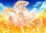  1girl barefoot bird blue_sky character_request clouds copyright_request dress dutch_angle field frilled_dress frills full_body green_eyes highres looking_at_viewer open_mouth outdoors personification shinia skirt_hold sky solo standing standing_on_one_leg twintails wheat wheat_hair_ornament white_dress 