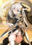  1girl ass blush char from_behind hair_ornament looking_at_viewer looking_back original red_eyes silver_hair solo thigh-highs tonfa twintails weapon white_legwear 