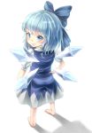  &gt;:d 1girl :d bad_perspective barefoot blue_dress blue_eyes blue_hair bow cirno dress from_behind full_body grin hair_bow hands_on_hips ice ice_wings legs light looking_back open_mouth shiny shiny_hair shirt simple_background sleeveless sleeveless_dress smile smirk t.m_(aqua6233) touhou transparent_wings white_background white_shirt wings 