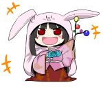 +++ 1girl :d animal_hood black_hair blush branch bunny_hood chibi commentary_request gensei_ruri handheld_game_console hime_cut himouto!_umaru-chan hood houraisan_kaguya japanese_clothes jeweled_branch_of_hourai long_hair long_sleeves looking_at_viewer open_mouth parody playstation_portable red_eyes smile solo touhou wide_sleeves 