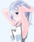  1girl absurdres adjusting_hair alternate_costume alternate_hair_length alternate_hairstyle armpits arms_up artist_request bare_shoulders blue_eyes blush breasts character_name commentary eyes_visible_through_hair from_side hair_ornament hair_over_one_eye hairclip hamakaze_(kantai_collection) highres kantai_collection large_breasts long_hair number ponytail profile shirt sideboob silver_hair simple_background sleeveless sleeveless_shirt solo 