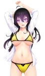  1girl ahoge arm_up beifeng_han bikini black_hair blouse breasts collarbone glowing glowing_eyes highres large_breasts long_hair looking_at_viewer midriff miyaura_sanshio navel open_blouse open_clothes open_mouth original solo swimsuit under_boob violet_eyes white_blouse yellow_bikini 