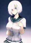  1girl artist_request blue_eyes breasts buttons gloves gradient gradient_background grey_skirt hair_ornament hair_over_one_eye hairclip hamakaze_(kantai_collection) hand_on_own_chest hand_on_own_stomach highres kantai_collection large_breasts looking_at_viewer miniskirt pleated_skirt school_uniform serafuku short_hair skirt solo white_gloves white_hair 