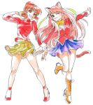  2girls animal_ears arm_behind_head boots bow brown_eyes brown_hair cat_ears cat_tail cross-laced_footwear hair_ribbon hairband hanakuso hashimoto_nyaa high_heels lace-up_boots long_hair microphone multicolored_hair multiple_girls osomatsu-kun pink_hair ribbon short_twintails simple_background skirt smile standing_on_one_leg streaked_hair tail turtleneck twintails white_background yowai_totoko 