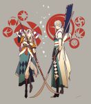  1boy 1girl alternate_costume amatari_sukuzakki animal_ears bangs black_hair boots fire_emblem fire_emblem_if grey_background grey_hair highres joker_(fire_emblem_if) long_hair low_ponytail multicolored_hair naginata petals polearm red_eyes simple_background tail two-tone_hair velour_(fire_emblem_if) violet_eyes weapon wolf_ears wolf_tail 