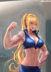  1girl arnon_nahlek bare_shoulders blonde_hair blue_eyes breasts cleavage crop_top flexing hand_on_hip highres long_hair metroid_fusion midriff muscle muscular_female navel parted_lips pose samus_aran smile solo toned unzipped very_long_hair 