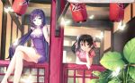  2girls aqua_eyes black_hair breasts butterfly china_dress chinese_clothes cleavage cleavage_cutout covered_navel crossed_legs double_bun dress duzie_e female hair_ribbon lantern leaning_against_railing looking_at_viewer love_live!_school_idol_project multiple_girls open_mouth paper_lantern purple_hair red_eyes ribbon sitting sitting_on_railing toujou_nozomi twintails yazawa_nico 