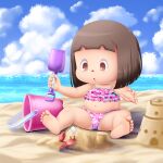 1girl alcyoneax animal_crossing barefoot beach belly bikini brown_eyes brown_hair bucket child clouds cloudy_sky crab cute flag heart heart_print highres maia_(alcyoneax) navel nintendo ocean pink_bikini plump print_bikini red_nose sand sand_castle sand_sculpture short_hair shovel sky soles summer swimsuit villager_(animal_crossing) villager_(animal_crossing)_(female) white_flag