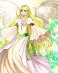  1girl 74 blonde_hair dress fire_emblem fire_emblem:_akatsuki_no_megami fire_emblem:_souen_no_kiseki green_background green_eyes leanne light_rays long_dress long_hair long_sleeves smile solo very_long_hair white_wings wide_sleeves wings 