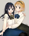  2girls alternate_hairstyle black_hair blonde_hair blue_eyes dress green_eyes hairband hug kitashirakawa_tamako long_hair momose_(oqo) multiple_girls pantyhose short_hair tamako_market tokiwa_midori 