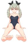  1girl anchovy artist_request bare_legs barefoot drill_hair feet girls_und_panzer green_hair hair_ribbon long_hair looking_at_viewer one-piece_swimsuit red_eyes ribbon school_swimsuit sitting soles solo swimsuit toes twin_drills twintails 