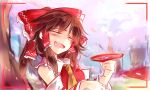  1girl blush brown_hair cherry_blossoms closed_eyes hair_ornament hair_ribbon hakurei_reimu kutsuki_kai open_mouth outdoors ribbon short_hair solo touhou tree 