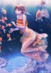  air_bubble ankle_cuffs anklet bare_shoulders barefoot bikini black_eyes braid brown_hair bubble chaang collarbone fish freediving frilled_bikini frills highres holding_breath jewelry legs lips navel short_hair single_braid skirt smile swimsuit underwater wrist_cuffs 