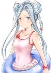  1girl ahoge bare_shoulders blue_eyes blue_hair blush bow braid casual_one-piece_swimsuit closed_mouth collarbone copyright_request covered_navel double_bun frilled_swimsuit frills granblue_fantasy hair_bow holding innertube looking_at_viewer lyria_(granblue_fantasy) nannacy7 one-piece_swimsuit pink_swimsuit red_bow scrunchie single_braid smile solo swimsuit tareme upper_body wrist_scrunchie 