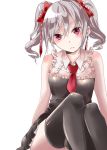  1girl black_legwear blush drill_hair ichihi_(spinon) idolmaster idolmaster_cinderella_girls kanzaki_ranko looking_at_viewer necktie parted_lips silver_hair simple_background sitting sleeveless solo thigh-highs twin_drills violet_eyes white_background 