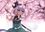  1girl bangs black_bow black_ribbon blurry blush bow buttons cherry_blossoms closed_mouth collared_shirt dappled_sunlight depth_of_field dual_wielding eyebrows eyebrows_visible_through_hair hair_ribbon hairband hands_up hitodama holding holding_sword holding_weapon hym9594 katana konpaku_youmu konpaku_youmu_(ghost) petals pink_flower puffy_short_sleeves puffy_sleeves ribbon shirt short_hair short_sleeves silver_hair skirt skirt_set solo sunlight sword touhou tree upper_body vest weapon white_shirt 