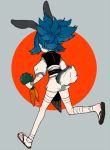  1boy animal_ears bandages blue_hair bunny_tail carrot from_behind japanese_clothes kemonomimi_mode l_hakase male_focus rabbit_ears running sandals sayo_samonji shorts simple_background solo tail touken_ranbu 