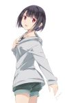  1girl :d arm_at_side artist_name bangs black_hair blunt_bangs collarbone eyeball from_behind green_shorts hand_on_own_chest highres hood hood_down hoodie long_sleeves looking_at_viewer looking_back open_mouth original red_eyes short_hair shorts sidelocks smile solo visible_ears ycums 