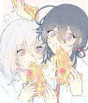  2boys :i ahoge black_hair eating food food_on_face honebami_toushirou lowres male_focus multiple_boys namazuo_toushirou nbogaga pizza touken_ranbu violet_eyes white_hair 