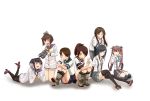  6+girls arashio_(kantai_collection) artist_request asagumo_(kantai_collection) asashio_(kantai_collection) binoculars black_hair black_legwear brown_eyes brown_hair closed_eyes dress hair_ribbon headgear highres kantai_collection long_hair multicolored_hair multiple_girls open_mouth ponytail ribbon sailor_dress school_uniform serafuku shikinami_(kantai_collection) shirayuki_(kantai_collection) shirt short_hair short_hair_with_long_locks simple_background sitting skirt smile suspenders tied_shirt tiger tokitsukaze_(kantai_collection) twintails white_background yukikaze_(kantai_collection) 