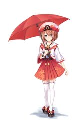  1girl blanc blue_eyes blush brown_hair hat kami_jigen_game_neptune_v looking_at_viewer neptune_(series) parasol short_hair soda_sip solo umbrella 