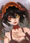  1girl absurdres black_hair date_a_live fingers gothic_lolita hand_on_own_chest heterochromia highres lips lolita_fashion makeup nose open_mouth red_eyes skinny solo tokisaki_kurumi yellow_eyes 