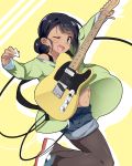  1girl ;d black_hair black_legwear blush brown_eyes dark_skin deepa_mitra guitar highres instrument legwear_under_shorts mtu_(orewamuzituda) new_horizon one_eye_closed open_mouth pantyhose shoes shorts smile solo uwabaki 