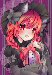  1girl alternate_costume animal_ears artist_request bow braid breasts cat_ears frilled_sleeves frills gothic_lolita hair_bow hat highres kaenbyou_rin lolita_fashion long_sleeves mob_cap poyo_(peke_xox) red_eyes redhead solo touhou twin_braids 