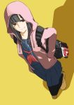  1girl backpack bag black_hair black_legwear brown_eyes hand_in_pocket hood hooded_jacket ichihi_(spinon) jacket long_hair looking_at_viewer majisuka_gakuen pleated_skirt school_uniform serafuku skirt smile watanabe_mayu 