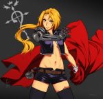  1girl absurdres automail belt black_legwear blonde_hair edward_elric feguimel female fullmetal_alchemist genderswap gloves grey_background highres long_hair navel no_bra pocket_watch removing_cape shorts solo source_request watch watermark white_gloves yellow_eyes 