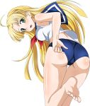  1girl ahoge asia_argento barefoot blonde_hair buruma feet feet_up green_eyes high_school_dxd highres long_hair looking_at_viewer open_mouth soles solo transparent_background vector_trace 