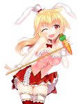  1girl animal_ears bare_shoulders blonde_hair breasts bunny_tail bustier char elbow_gloves fingerless_gloves gloves hat large_breasts long_hair looking_at_viewer microphone mini_hat mini_top_hat one_eye_closed original rabbit_ears red_eyes red_legwear skirt smile solo tail thigh-highs top_hat white_gloves wrist_cuffs 