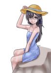  1girl artist_name bare_shoulders bespectacled between_legs black_hair bow collarbone dorei_to_no_seikatsu_~teaching_feeling~ dress floral_print glasses grey_eyes hair_bow hair_ornament hairclip hand_between_legs hand_on_headwear hat long_hair looking_at_viewer no_scar signature simple_background sitting smile solo spaghetti_strap sret sun_hat sundress sylvie_(dorei_to_no_seikatsu) white_background 