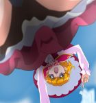  1girl asahina_mirai blonde_hair clouds haruyama_kazunori hat mahou_girls_precure! open_mouth precure short_hair sky solo upside-down wand witch_hat 