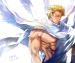  1boy abs angel_wings backlighting blonde_hair caesar_anthonio_zeppeli chachacha00 facial_mark green_eyes jojo_no_kimyou_na_bouken light male_focus multiple_wings muscle naked_scarf scarf shirtless solo translation_request upper_body wings 