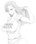  1girl armpit_hair breasts clothes_writing cowboy_shot dairoku_tenma grin hand_in_hair large_breasts long_hair mega_milk midriff monochrome muscle navel panties shirt short_sleeves simple_background smile solo stomach t-shirt underwear very_long_hair white_background 