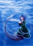  1girl blue_hair closed_eyes glowing hands_together head_fins highres japanese_clothes kimono light_smile mermaid monster_girl short_hair solo touhou underwater wakasagihime yuchunde_longlei 