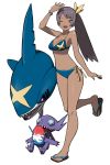  1girl ;d accho_(macchonburike) animal_request arm_up bikini black_eyes black_hair blue_bikini bracelet breasts cleavage dark_skin fang flip-flops full_body jewelry long_hair navel one_eye_closed open_mouth pokemon pokemon_(creature) sableye sandals sharpedo shaved_ice side-tie_bikini side_ponytail simple_background smile solo standing_on_one_leg strap_gap swimsuit white_background 