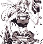  1girl ammunition_belt arm_wrap belt belt_pouch breasts camouflage camouflage_pants casing_ejection character_name chinese cigarette cleavage cowboy_shot crop_top dog_tags eyepatch facepaint fang_out gatling_gun gills gokudou gun head_fins midriff minigun monochrome monster_girl navel no_pupils pants parted_lips ponytail scar shell_casing smile smoking solo strap submachine_gun tank_top translation_request undertale undyne weapon 