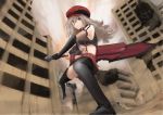  1girl alisa_ilinichina_amiella blue_eyes boots cabbie_hat elbow_gloves fingerless_gloves gloves god_eater hat holding holding_weapon huge_weapon long_hair looking_at_viewer no_bra no_legwear silver_hair skirt solo suspender_skirt suspenders sword thigh-highs thigh_boots weapon 