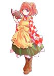  1girl alphes_(style) apron bell book boots character_name checkered checkered_shirt clothes_writing dairi hair_bell hair_ornament japanese_clothes jingle_bell motoori_kosuzu parody redhead shirt simple_background solo style_parody touhou transparent_background twintails two_side_up wide_sleeves 