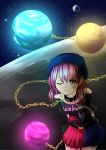  1girl arms_behind_back belt chain clothes_writing collar contrapposto earth earth_(ornament) facial_tattoo hecatia_lapislazuli highres leaning_forward looking_at_viewer moon moon_(ornament) multicolored_skirt nosuteia one_eye_closed polos_crown purple_hair red_eyes shirt smile solo space star t-shirt tattoo touhou 